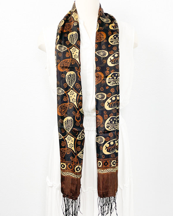 Sympatico Clothing Brown/Gold/Beige Hand-Painted Silk Kalamkari Scarf